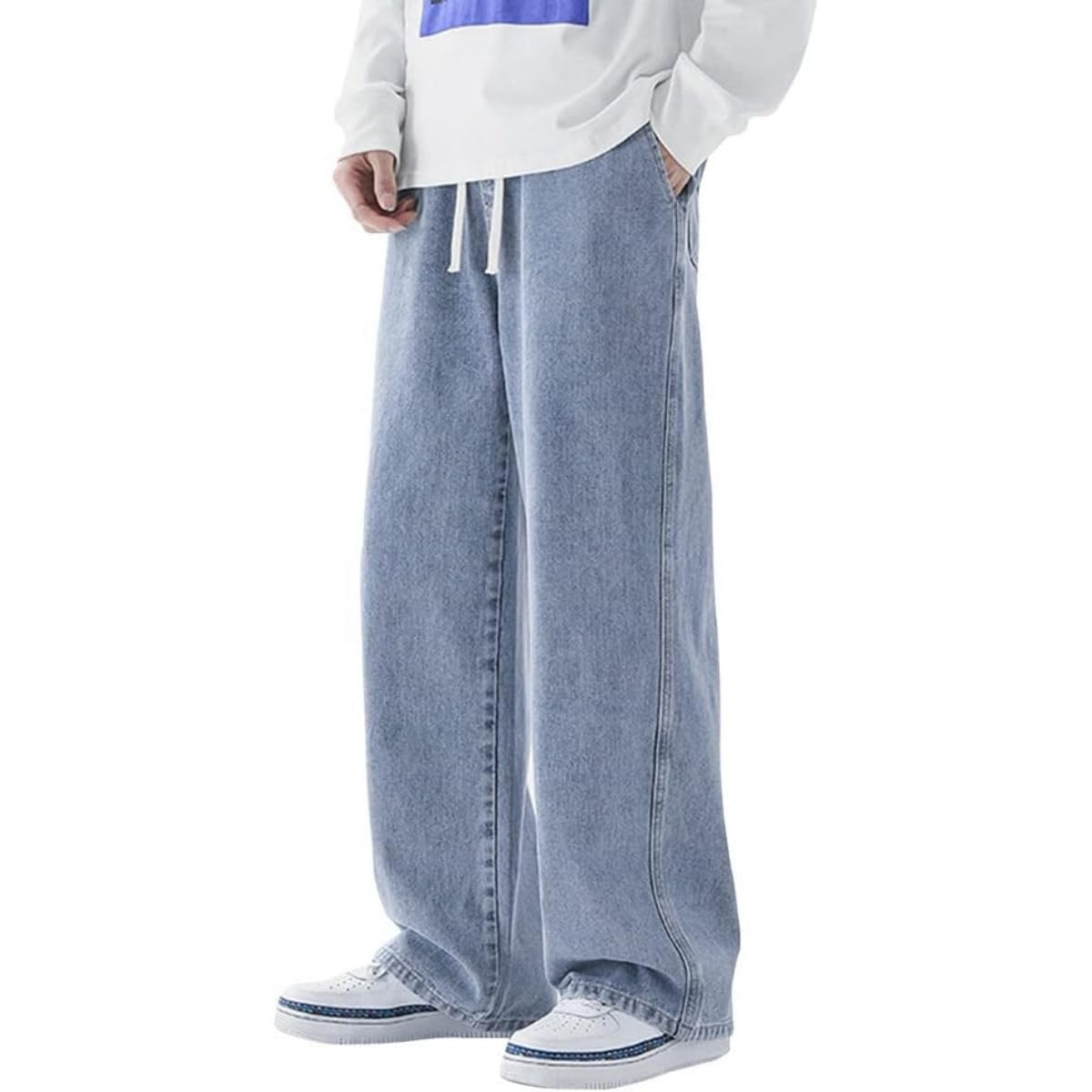 【送料無料】 メンズ デニムパンツ お洒落 ジーンズ 無地 パンツ 調整紐 ロングパンツ ワイドパンツ ウエストゴム ズボン 履き心地 ゆったり 色：ライトブルー、サイズ：S