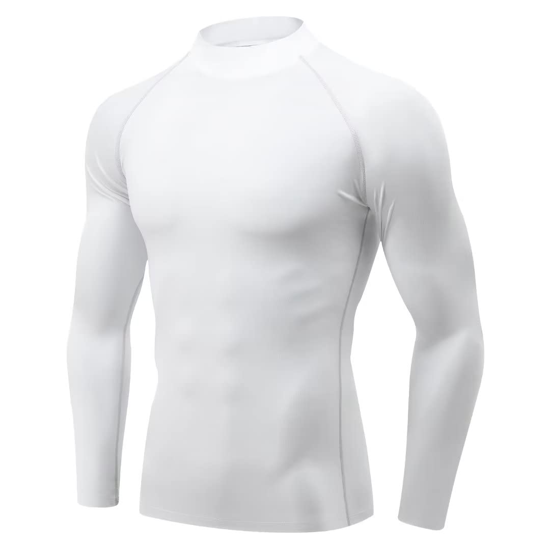 【送料無料】 スポーツインナー メンズ 長袖 コンプレッションウェア ハイネック アンダーシャツ スポーツシャツ 吸汗 速乾 色：ホワイト(ハイネック)、サイズ：XL
