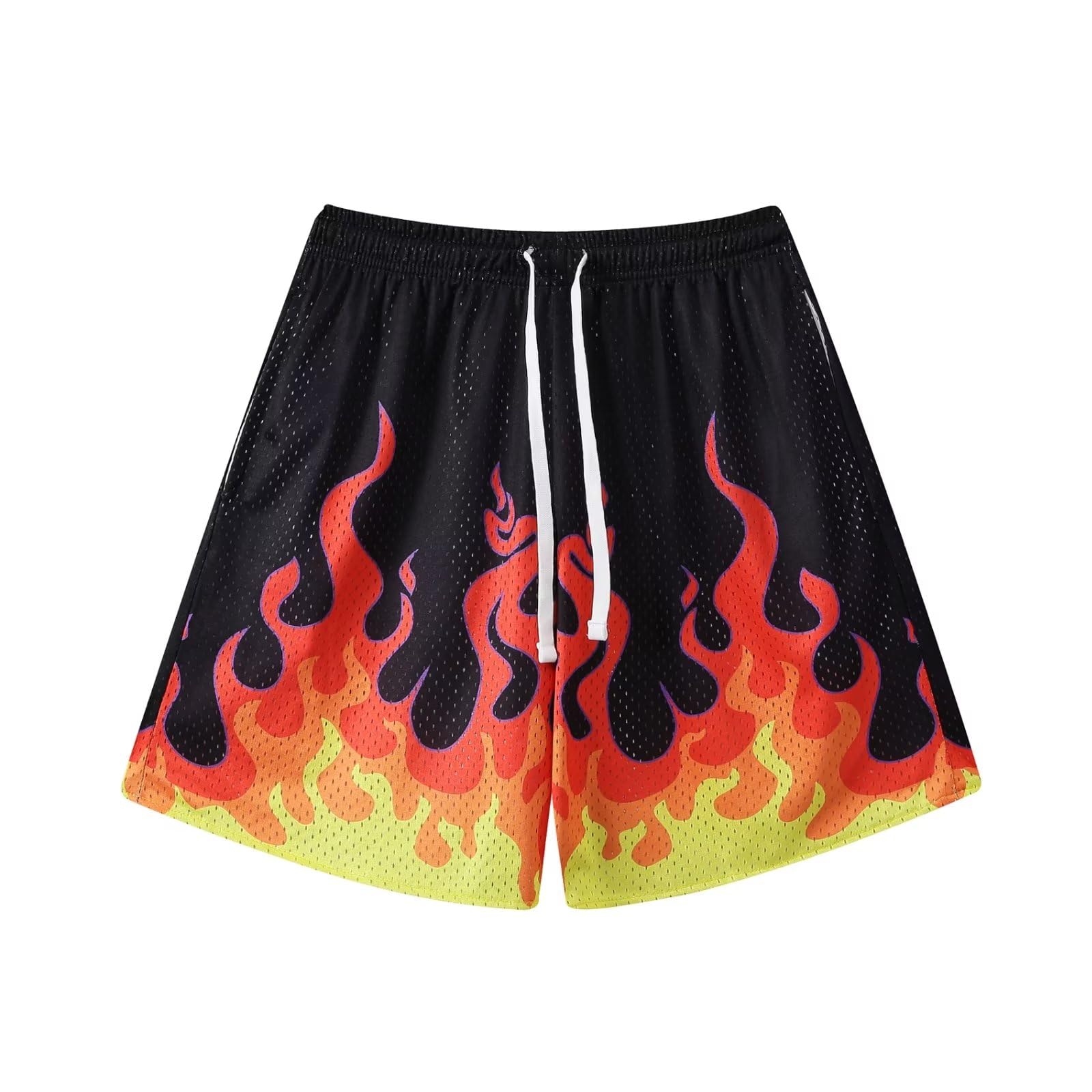 【送料無料】 バスケットパンツ メンズ スポーツ アメリカンレトロ短パン 稲妻パターン ウェア ランニング トレーニング ショートパンツ ポケット付き ウエスト 調整可能 速乾 通気 色：ブラック(赤い炎)、サイズ：M