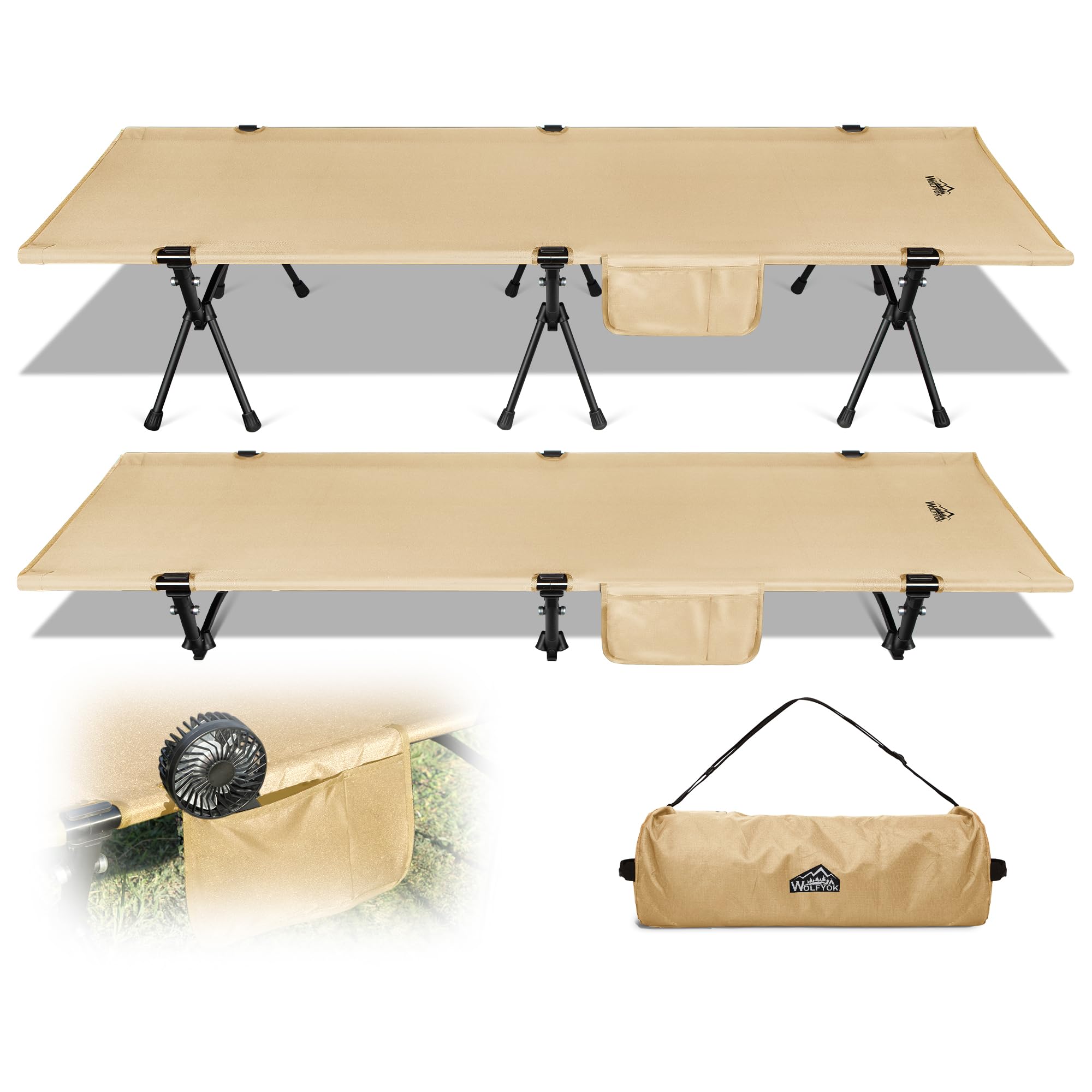 楽天ハローディア楽天市場店【送料無料】コット キャンプ 2way 軽量 【高密度1000Dオックスフォード・寝心地も耐久性もあり】 150KG高耐荷重 折りたたみ 小物収納 ハイ/ロー切替可能 wolfyok outdoors（ウルフヨックアウトドアーズ） アウトドア 色：ベージュ、サイズ：長さ190cm x 幅67cm x 高さ38cm