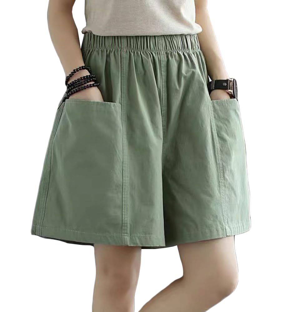 【送料無料】[Fosys] ショートパンツ 短パン レディース ワイドパンツ ボトムス 薄手 ウエストゴム ポケット付き ゆったり カジュアル 夏 色：グリーン、サイズ：M