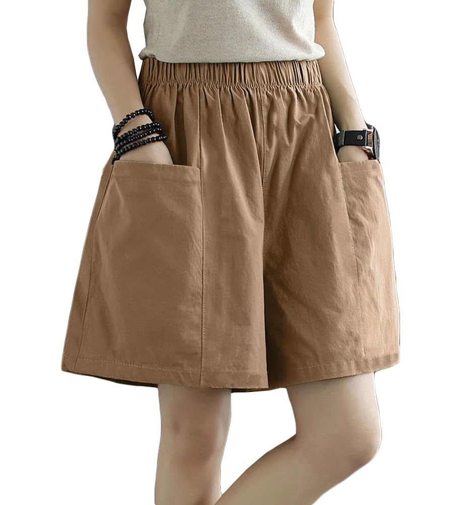 【送料無料】[Fosys] ショートパンツ 短パン レディース ワイドパンツ ボトムス 薄手 ウエストゴム ポケット付き ゆったり カジュアル 夏 色：カーキ、サイズ：2XL