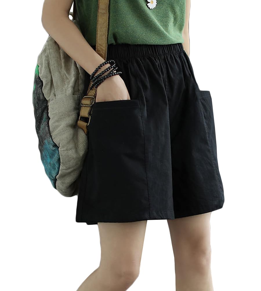 【送料無料】[Fosys] ショートパンツ 短パン レディース ワイドパンツ ボトムス 薄手 ウエストゴム ポケット付き ゆったり カジュアル 夏 色：ブラック、サイズ：M