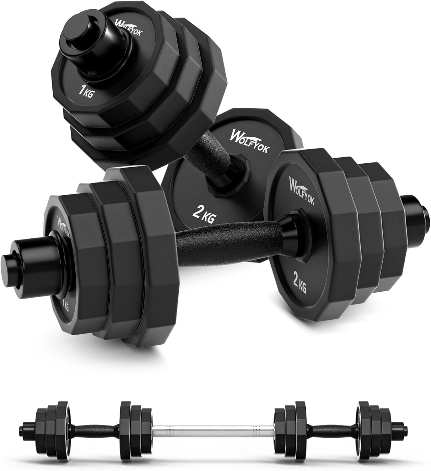 【送料無料】ダンベル 可変式 ステンレス鋼製 10kg 20kg 30kg 40kg 2個セット 【3in1自主開発12角形・多段階重さ調節可】 筋トレ器具 バーベルにもなる ダンベルセット 【 (意匠権取得) 意匠登録1641845】 バーベル 無臭素材 静音 錆 色：ブラック（10kg×2セット）20kg