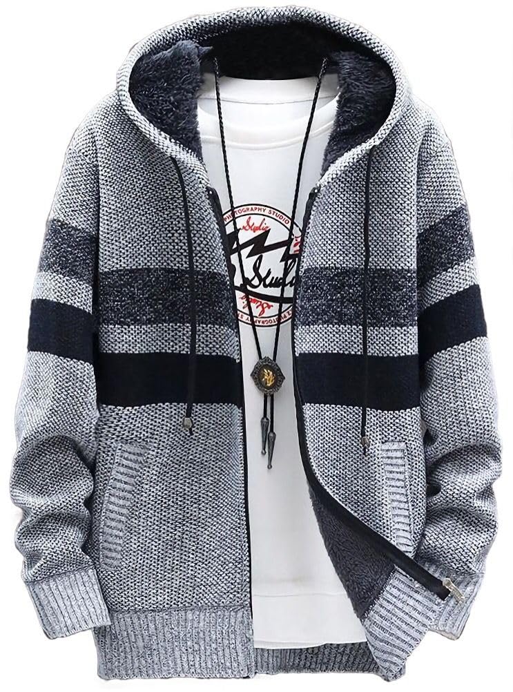 【送料無料】[emptio] エンプティオ フード付き ボーダー ニットジャケット メンズ 色：ライトグレー、サイズ：M