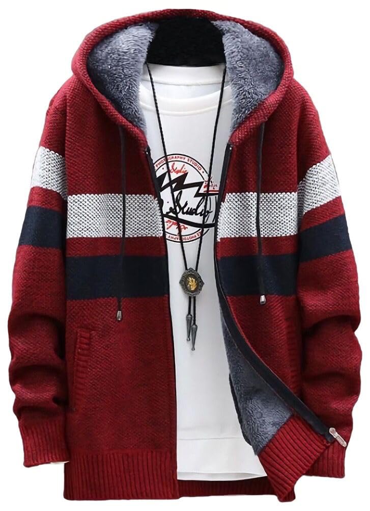 【送料無料】[emptio] エンプティオ フード付き ボーダー ニットジャケット メンズ 色：ワインレッド、サイズ：2XL