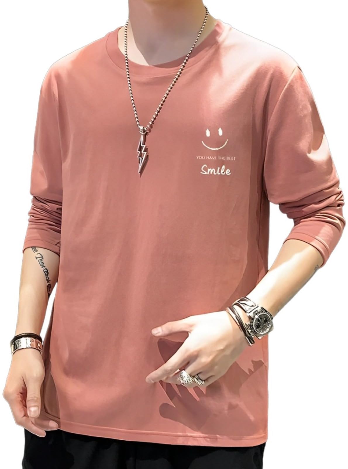 【送料無料】[emptio] [エンプティオ] 長袖 スマイル ロングtシャツ ストリート メンズ トップス 丸首 柔らかい肌触り tシャツ 色：コチニールレッド、サイズ：XL