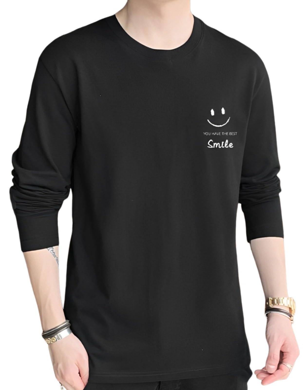 【送料無料】[emptio] [エンプティオ] 長袖 スマイル ロングtシャツ ストリート メンズ トップス 丸首 柔らかい肌触り tシャツ 色：アクセントブラック、サイズ：M