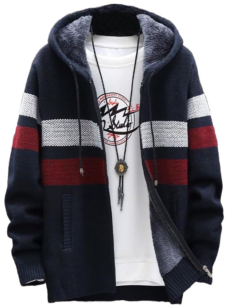 【送料無料】[emptio] エンプティオ フード付き ボーダー ニットジャケット メンズ 色：ネイビー、サイズ：XL