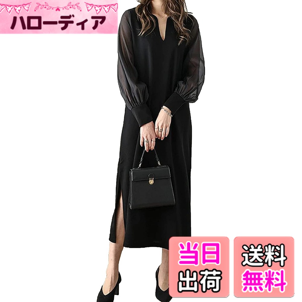 【送料無料】[ADKASS] ワンピース レディース Vネック ロング シフォン パフ袖 シフォンスリープ 切り替え シアー袖 サイドスリット 韓国ファッション エレガント ゆったり 体型カバー 春 夏 秋 お出かけ 色：ブラック、サイズ：XL