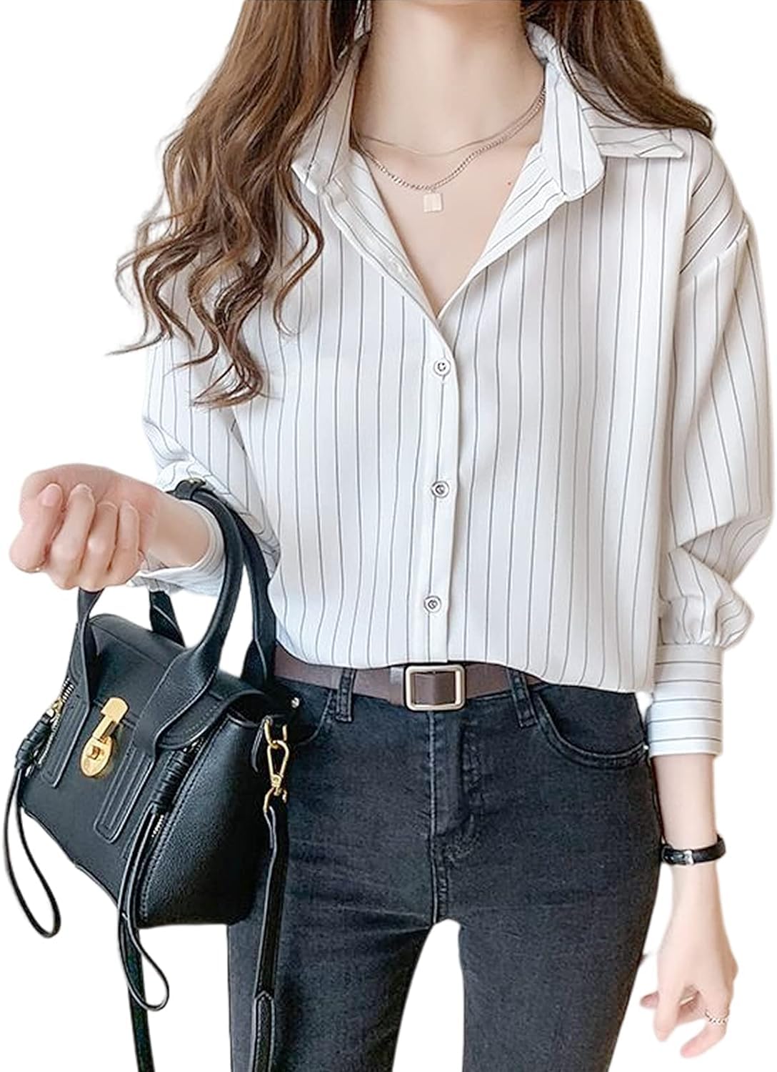 【送料無料】シャツ レディース 長袖 春物 ブラウス ストライプ カッター シャツ ワイシャツ 七分袖ト..