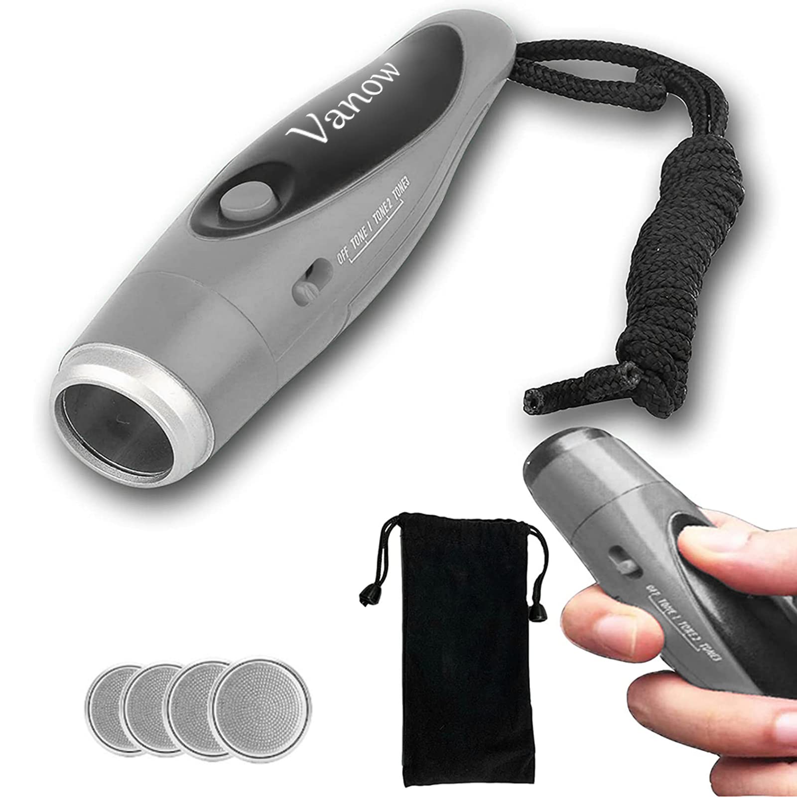 【送料無料】電子ホイッスル 電子笛 グレー 3種類ホイッスル音 大音量 120db ボタン電池 収納袋 日本語..