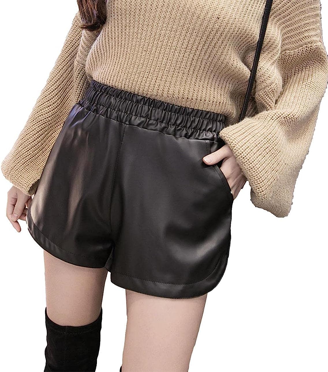 【送料無料】[SLOW＆MELLOW] ショートパンツ レザー 調 ハイウエスト レディース シンプル カジュアル 美脚 足長 効果 ウエストゴム キュロット ホット パンツ ボトムス 短パン M～XXL 色：ブラック、サイズ：M