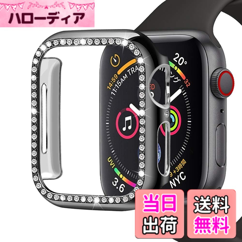 Movone for Apple Watch5/4/3/2/1 バンド ステンレス製 クリスタルダイヤモンド おしゃれ 長さの自由調整 調整工具不要 装着簡単 アップルウォッチバンド 色：カバー・ブラック、サイズ：44mm