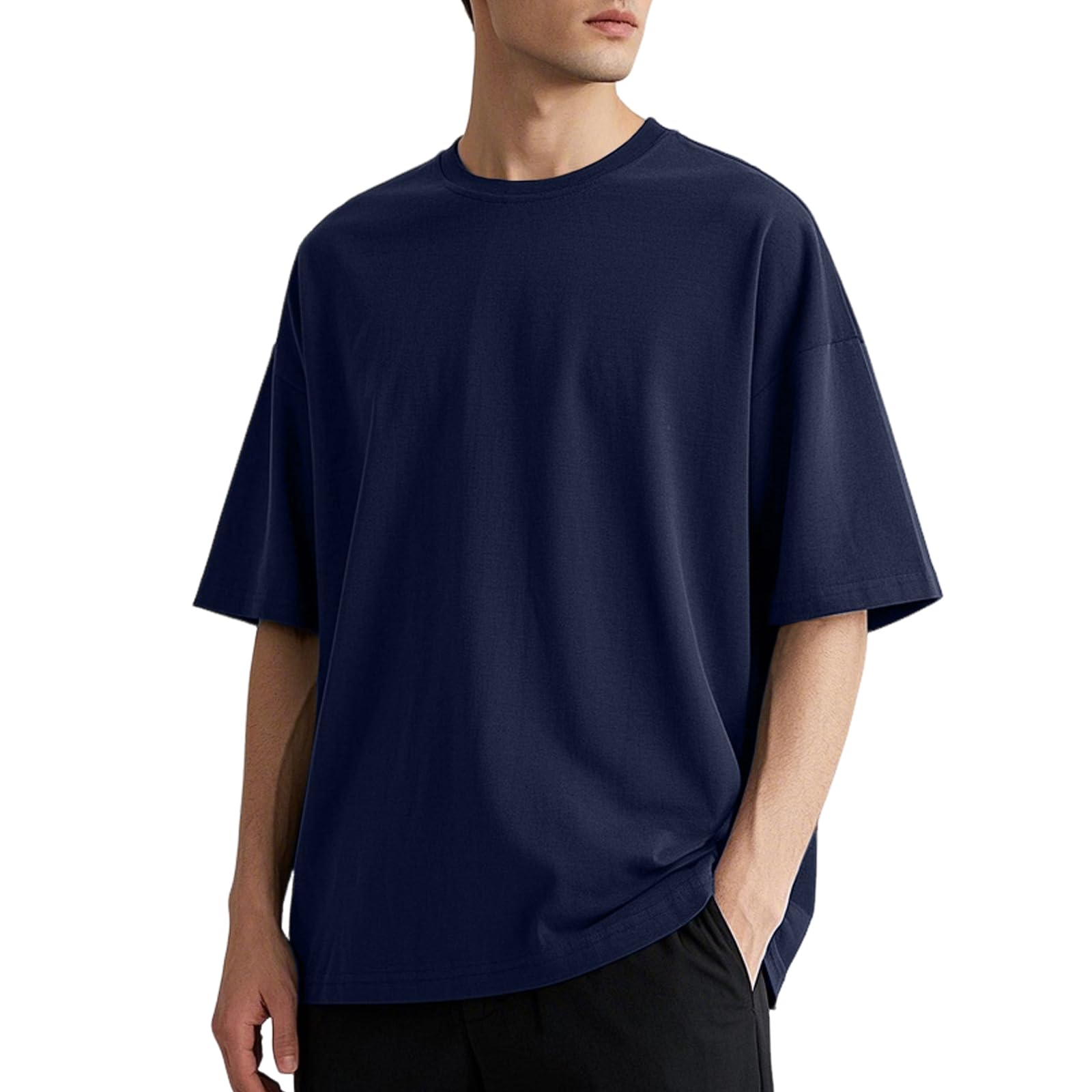 【送料無料】Hisitosa Tシャツ メンズ 半袖 綿100% 肉厚生地 おしゃれ 大きいサイズ 抗菌防臭加工 ビッグシルエット Tシャツカットソー 春 夏 秋 服 クセになる肌触り 色：ダークブルー、サイズ：2XL