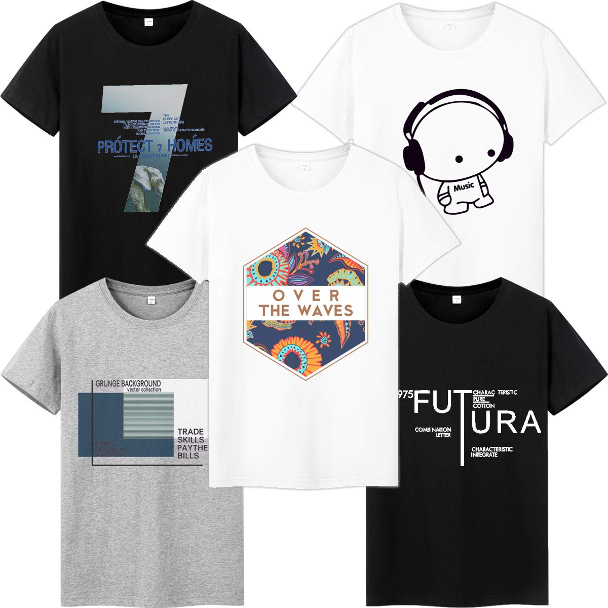 【送料無料】[HISITOSA] Tシャツ メンズ 半袖 5枚セット 綿100 アメカジ ストリート おしゃれ プリント クルーネック 透けない インナーシャツ 肌着 定番 人気 メンズ服 春 夏 秋 冬… 色：Aミックスカラー、サイズ：XL Regular