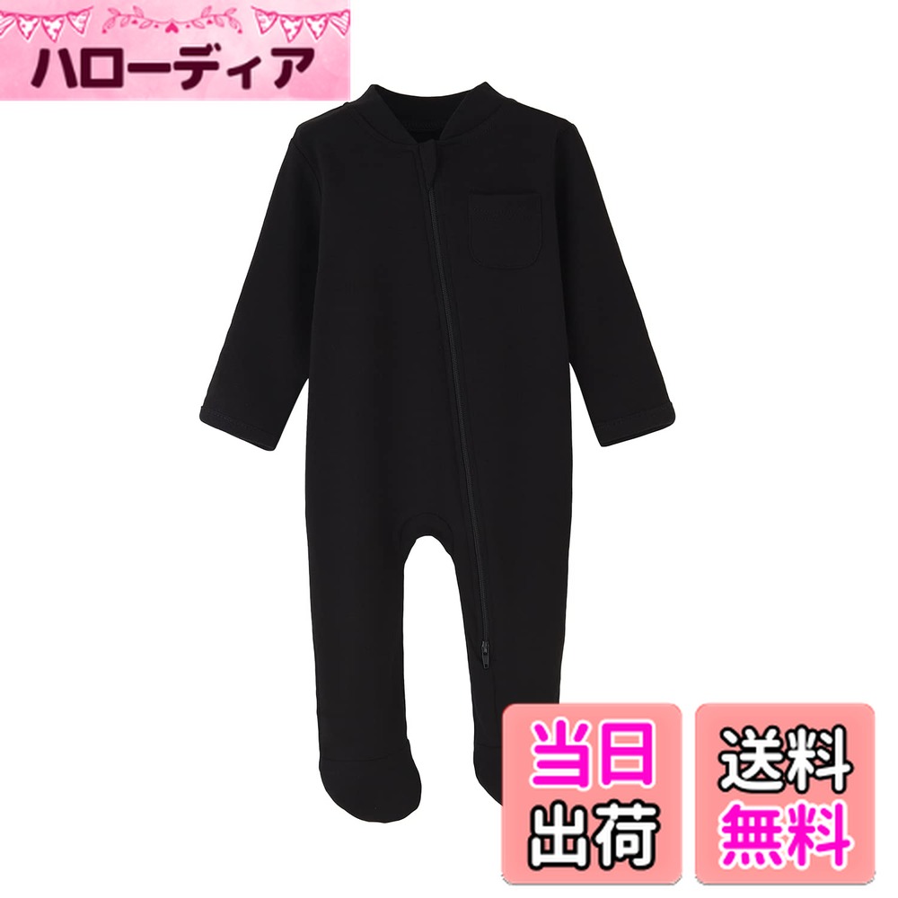 【送料無料】[KISBINI] ベビー服 ロンパース 長袖 カバーオール 綿 足つき 新生児肌着 前開き 赤ちゃん 出産祝い 春秋冬 ジッパー 3-6-9-12m 色：ブラック、サイズ：68cm/3-6ヶ月