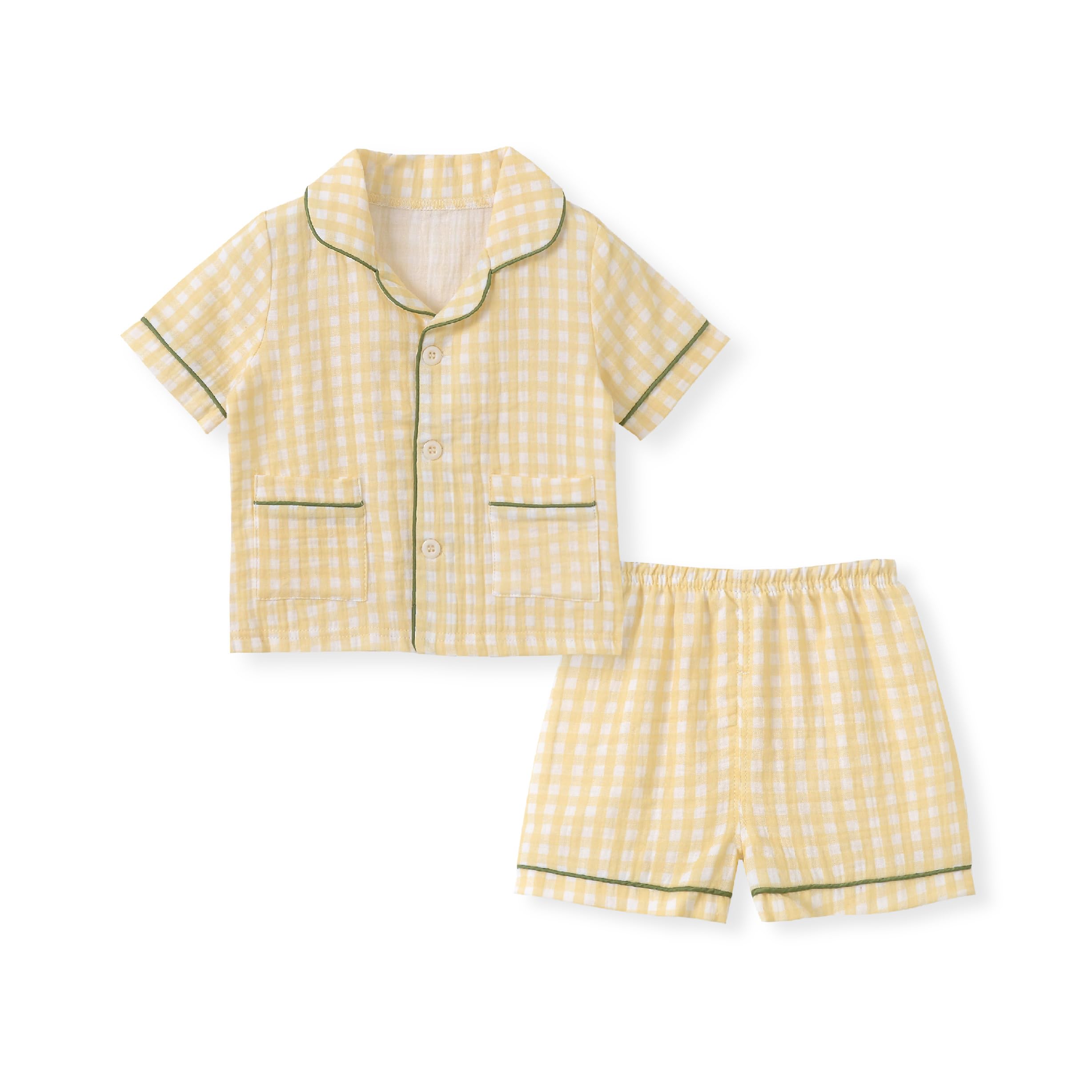 【送料無料】[KISBINI] 子供服 パジャマ 男の子 女の子 半袖 上下セット 2点 部屋着 普段着 ガーゼ 綿 ガールズ 可愛い 夏 ルームウェア 前開き 寝巻き 80 90 100 110 120 130 140 色：イエローチェック、サイズ：140