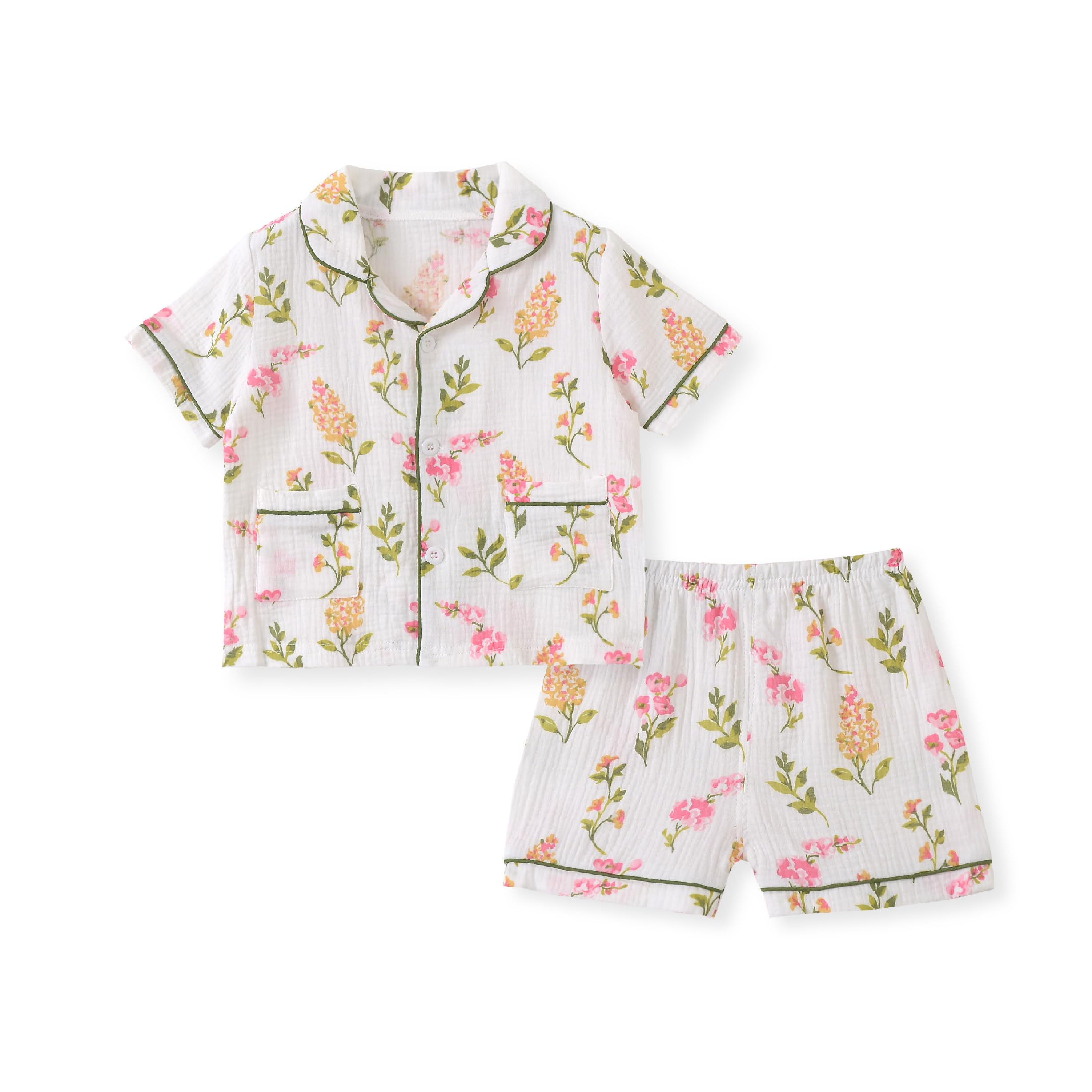 【送料無料】[KISBINI] 子供服 パジャマ 男の子 女の子 半袖 上下セット 2点 部屋着 普段着 ガーゼ 綿 ガールズ 可愛い 夏 ルームウェア 前開き 寝巻き 80 90 100 110 120 130 140 色：花柄、サイズ：120