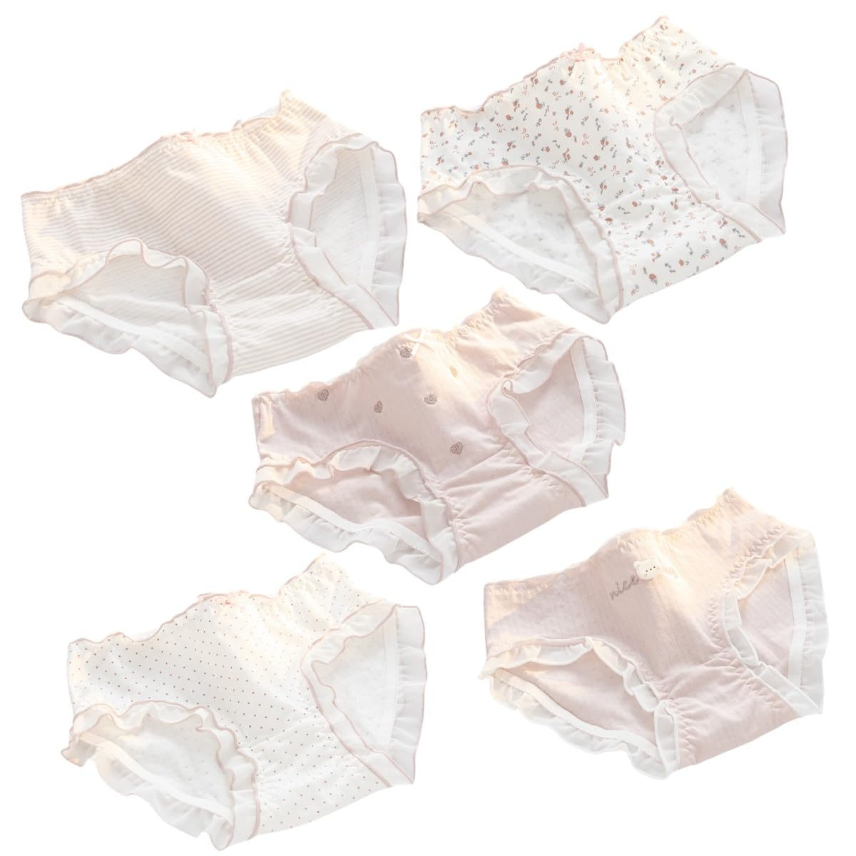 【送料無料】[KARZUKI] ショーツ レディース 4/5枚セット 綿 下着 パンツ 可愛い 学生 フリル 日系風 ガールズショーツ カジュアル レディースショーツ レース 花柄 インナーレディース 女性 パンツ 肌着 大きい 色：5枚セット（A27-2）、サイズ：L