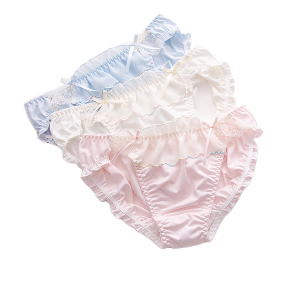 【送料無料】[KARZUKI] サテンパンティー 3枚組 アイスシルク生地 セクシーローライズ レディース下着 可愛いリボン フリル レース サラサラ 学生 ガールズショーツ 刺繍 コットンクロッチ 大きいサイズ 色：3枚セット（B組）、サイズ：M