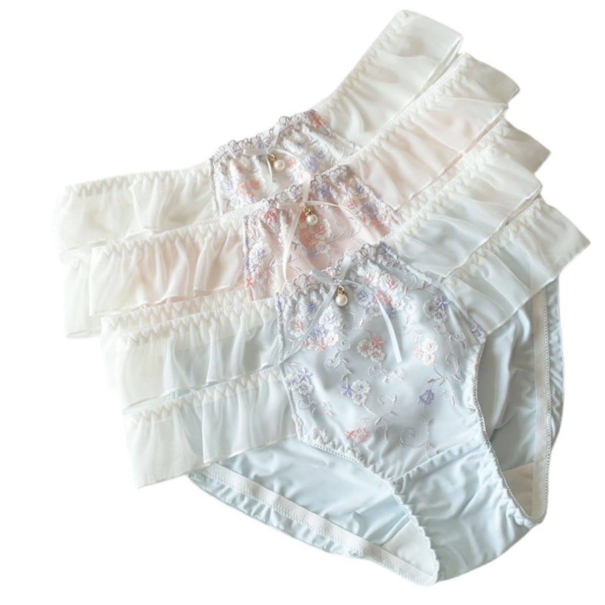 【送料無料】[KARZUKI] サテンパンティー 3枚組 アイスシルク生地 セクシーローライズ レディース下着 可愛いリボン フリル レース サラサラ 学生 ガールズショーツ 刺繍 コットンクロッチ 大きいサイズ 色：3枚セット（C組）、サイズ：M