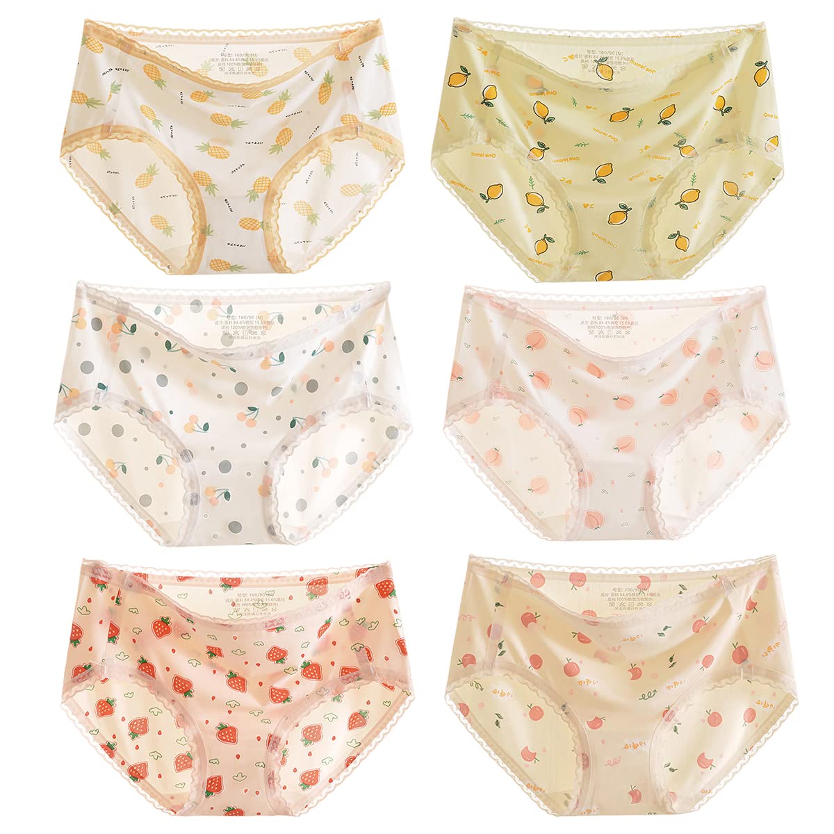 【送料無料】[KARZUKI] ショーツ 女子高生 夏下着 涼しい スパンデックス ノーライン いちご柄 可愛い 冷感 サラサラ 中学生ショーツ パイナップルパンツ レディース 大きい 6枚セット 色：6枚セット、サイズ：XL