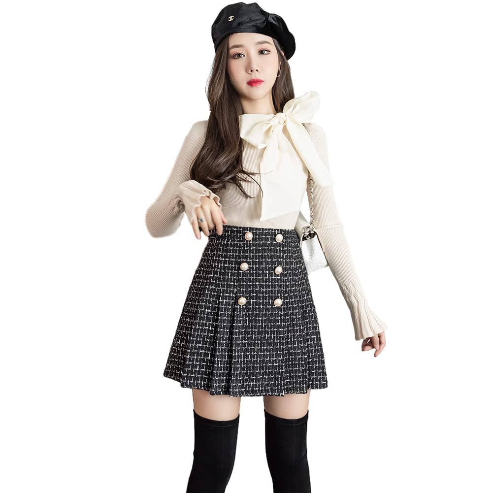 【送料無料】[KIKIGACI] チェックミニスカート プリーツスカショーパン レディース 裏地付き 制服 ハイウェスト 美脚 Aライン 通勤 通学 色：ブラック、サイズ：M Short