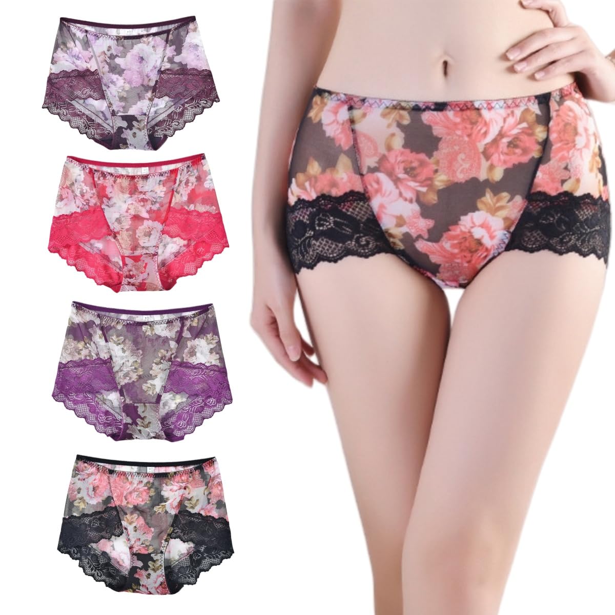 【送料無料】[KARZUKI] ショーツレディース下着セット ミッドウエスト インナー 涼しい 超薄手パンツ レース 花柄 セクシーショーツ 可愛い 綿クロッチ 女性美形ショーツ 大きいサイズ 110KGまで 色：4枚セット（花柄2.）、サイズ：2XL