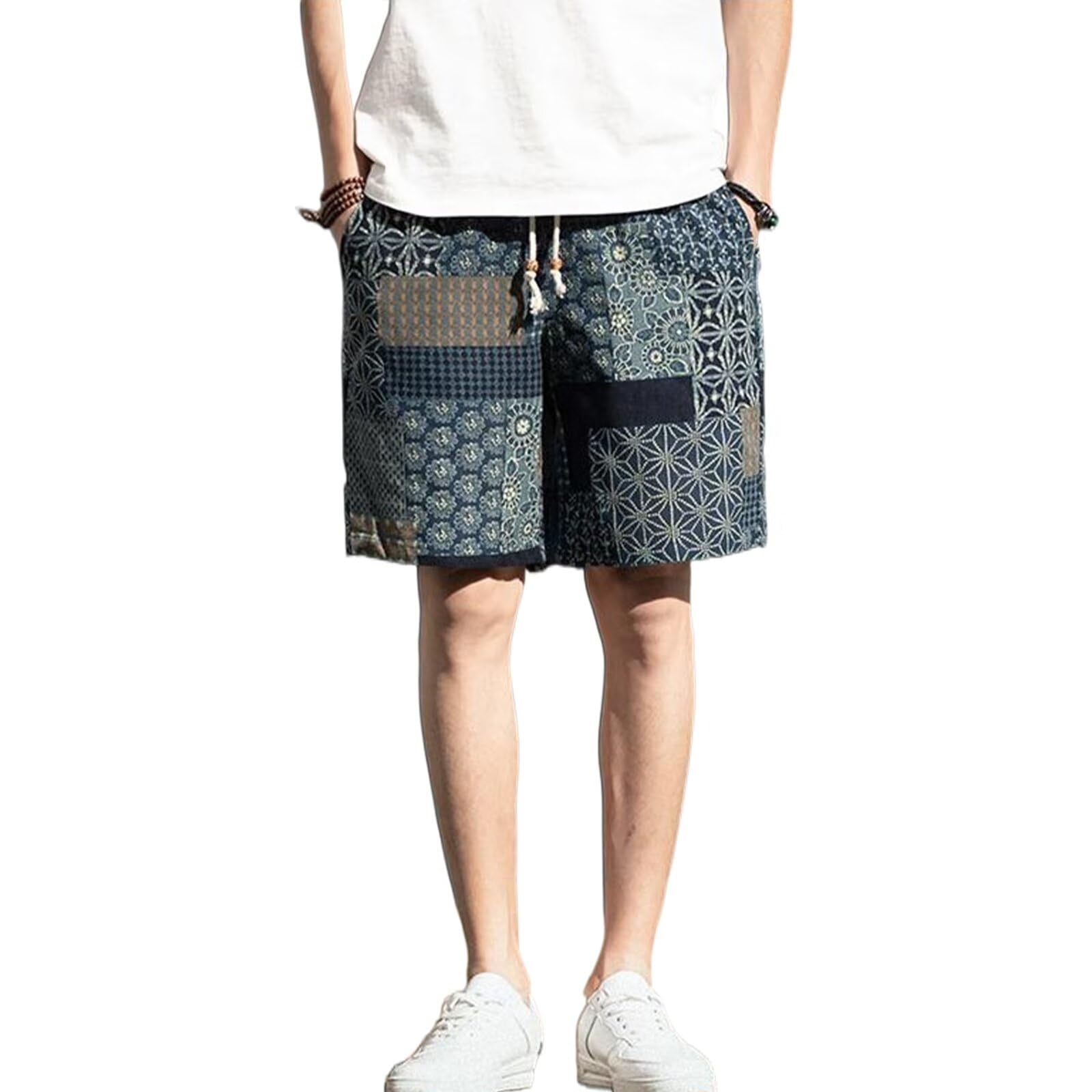 【送料無料】[Kiniety] メンズ エスニック 短パン 花柄 ショートパンツ サーフパンツ 総柄プリント 100%綿 男 民族風 半ズボン おしゃれ カジュアル 薄手 通気 涼しい ネイティブ柄 ボタニカルプリント 調整紐 大きいサイズ M~3XL 色：ブルーチェック柄、サイズ：2XL