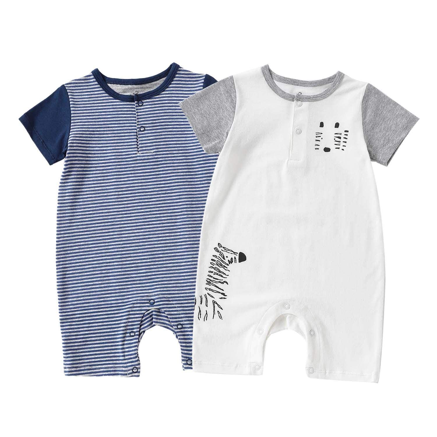 【送料無料】[Baby Nest] ベビー服 半袖 ロンパース 男の子 夏 肩ボタン フルプリント コットン セット 66 73 80 90 色：動物＆ストライプ、サイズ：90