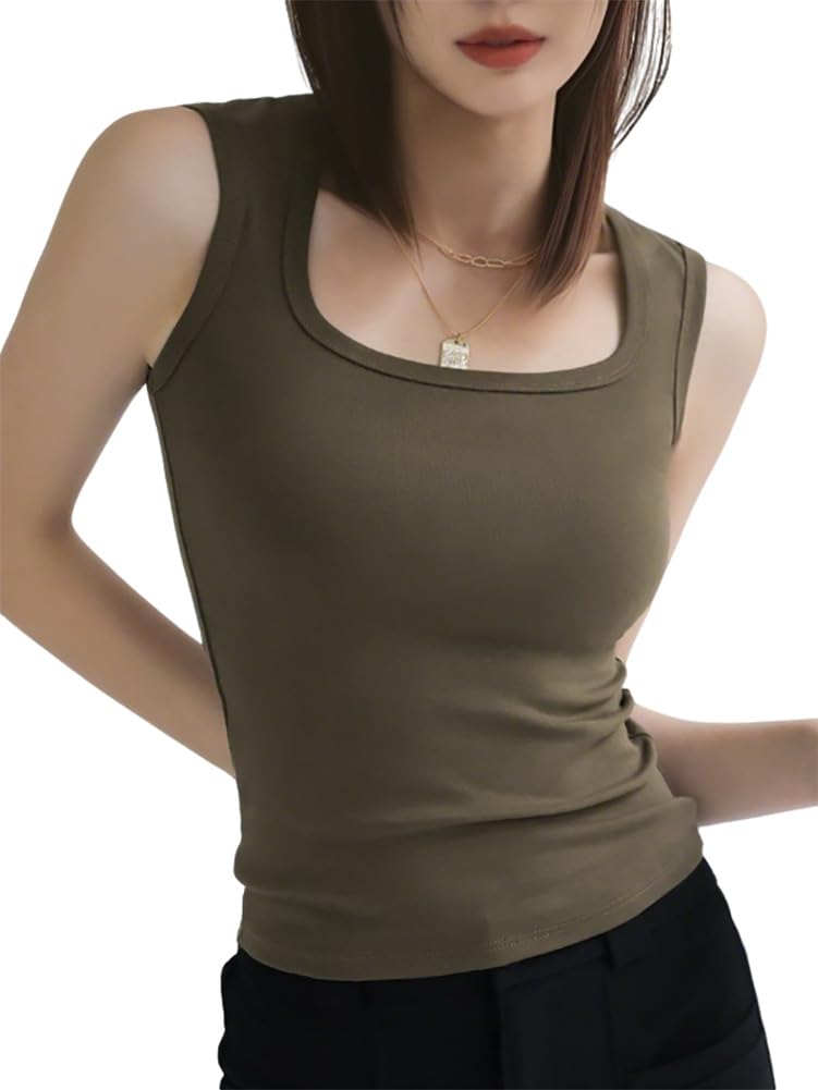 【送料無料】[Ekieta] 綿100% タンクトップ レディース キャミソール【ブラ紐隠しインナー・肩紐太め改善・脇高設計・チラ見え防止】uネックインナータンクトップス ノースリーブ Tシャツ通気 肌触り良い 快適 色：アーミーグリーン、サイズ：S