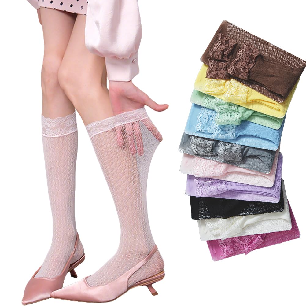 【送料無料】[Ekieta] ハイソックス レディース 総レース 透け感【オルフェ風幅広レース縁×繊細ドット..