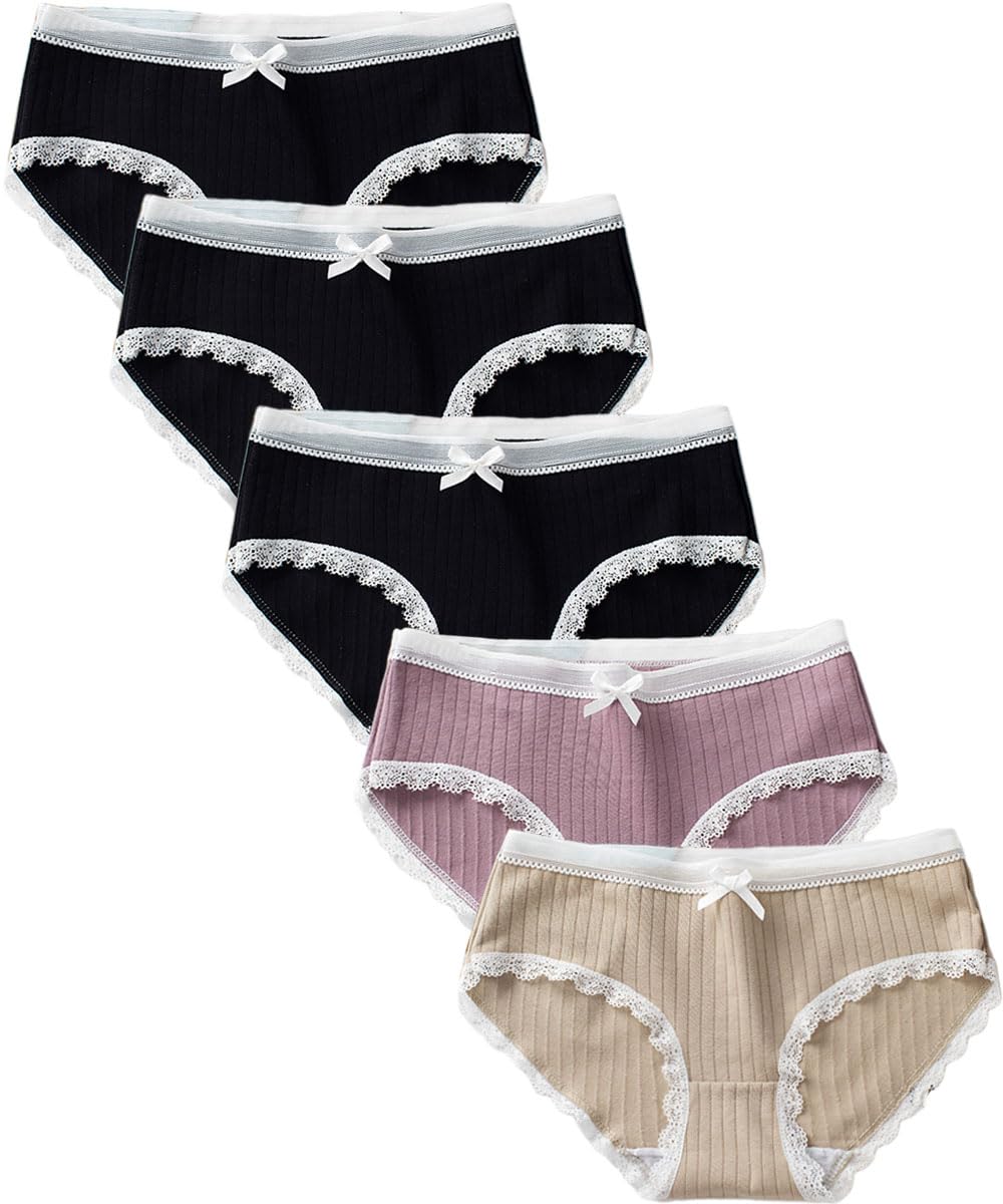【送料無料】[JIOYIEO] ショーツ レディース パンツ【5枚セット】綿 少女雰囲気 蝶結び 可愛い セクシー 透気快適 蒸れにくい 優しい肌触り 肌にやさしい 吸湿 通気 締め付けない すっぽりショーツ 女性 下着 美尻ショーツ 色：5枚セットD組、サイズ：L