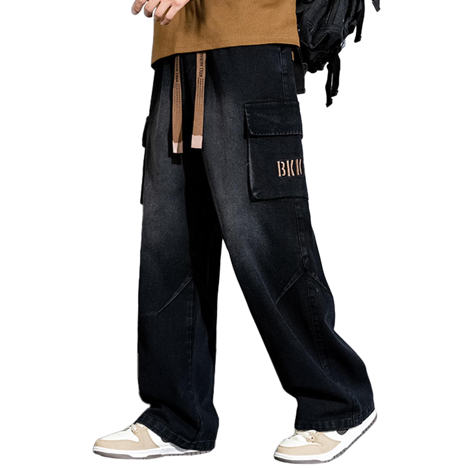 【送料無料】[uptoyou] カーゴパンツ メンズ ジーンズ デニムパンツ ワイドパンツ ジーパン 大きいサイズ ウエストゴム ビッグシルエット ロングパンツ M-5XL カジュアル カッコイイ おしゃれ 春夏秋冬 色：ブラック、サイズ：L