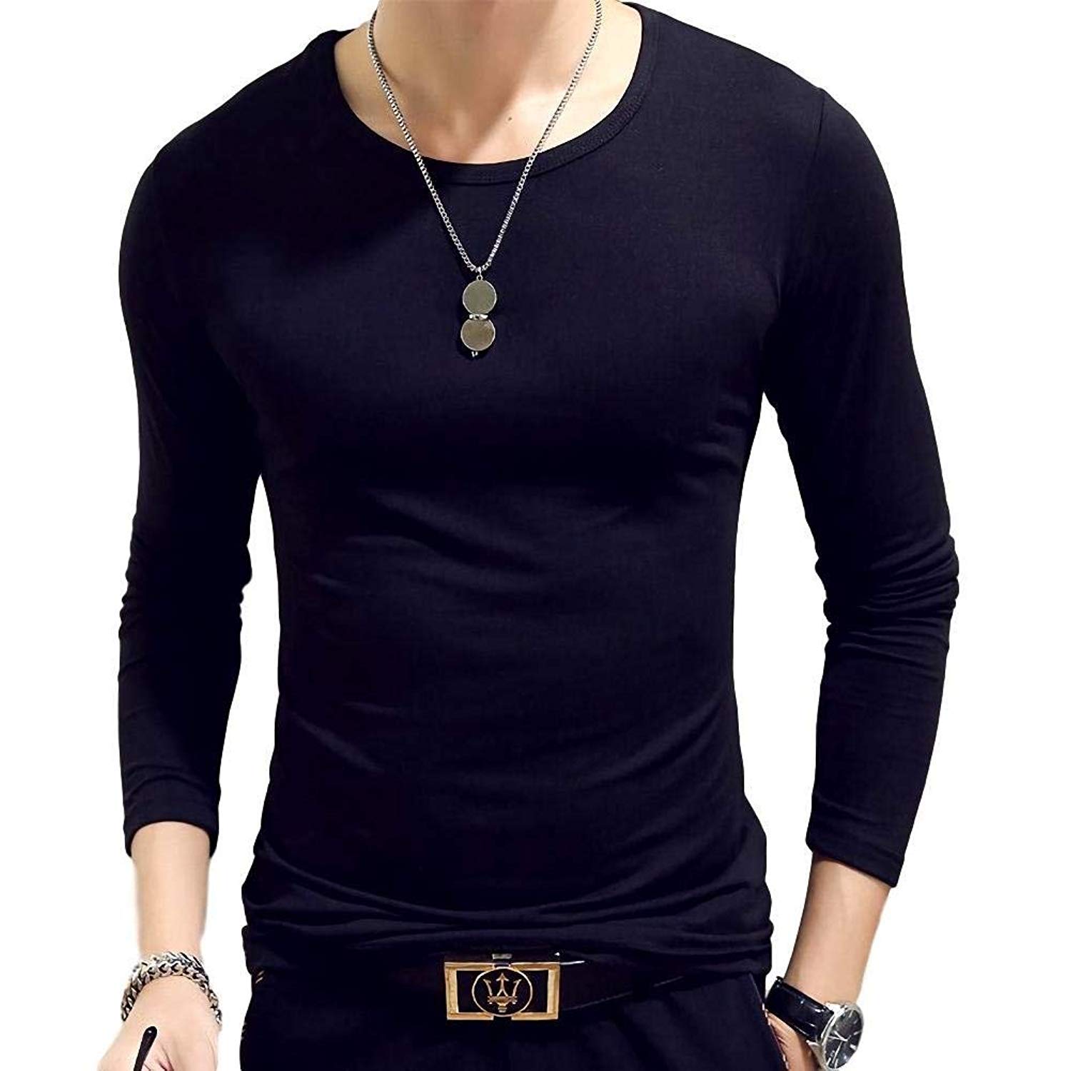 【送料無料】[aspersio] [アスペルシオ] ストリート シンプル 長袖 インナーシャツ メンズ 色：黒色クルーネック、サイズ：XL