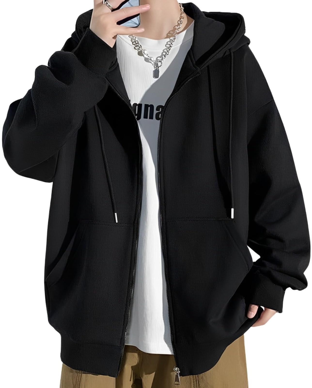 【送料無料】[aspersio] [アスペルシオ] ストリート系 スウエットパーカー 長袖 シルエット フルジップアップ フーディー メンズ 色：アイボリーブラック(薄手)、サイズ：XL