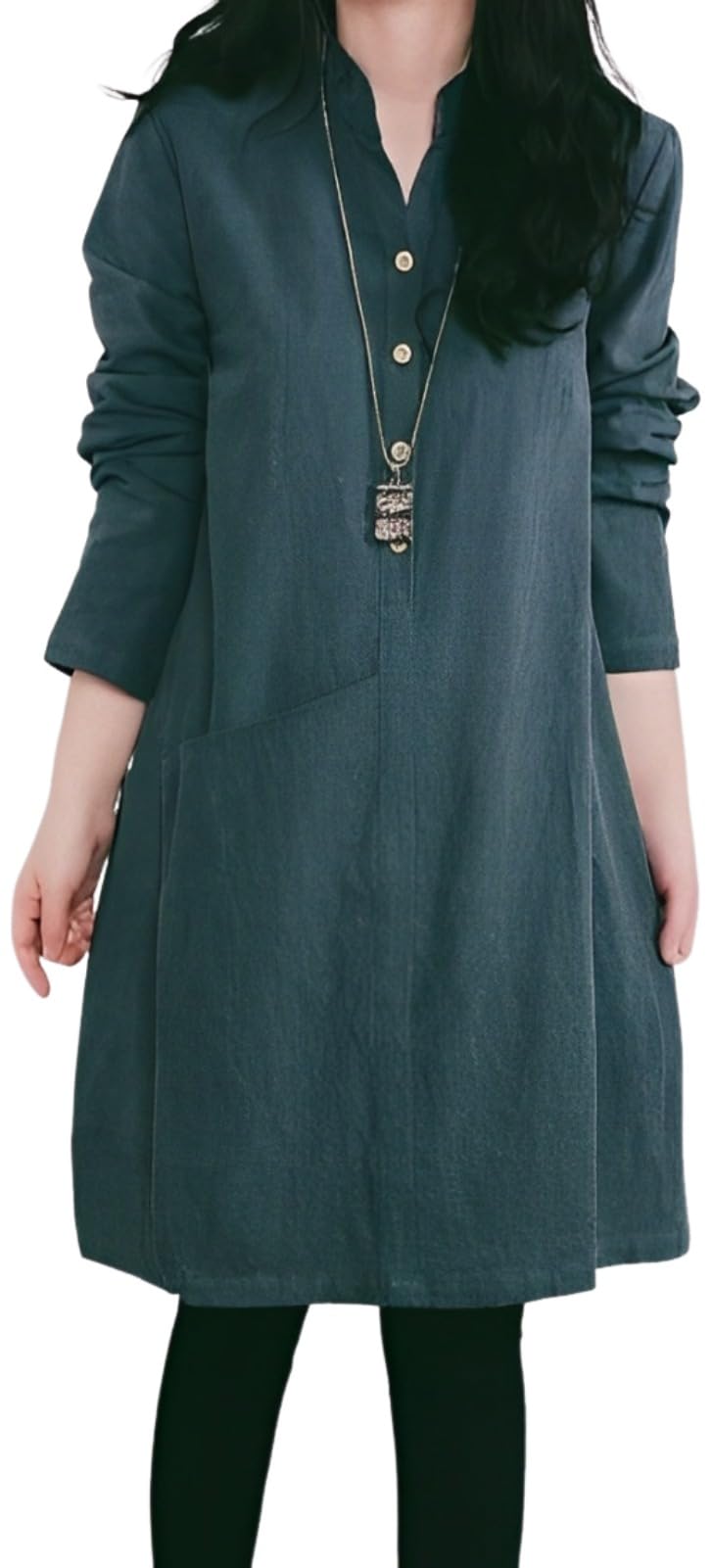 【送料無料】[aspersio] [アスペルシオ] 長袖 膝丈 スキッパー ワンピース aライン チュニック シャツ レディース 色：グリーン、サイズ：XL