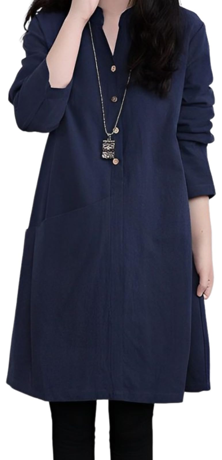 【送料無料】[aspersio] [アスペルシオ] 長袖 膝丈 スキッパー ワンピース aライン チュニック シャツ レディース 色：ブルー、サイズ：L