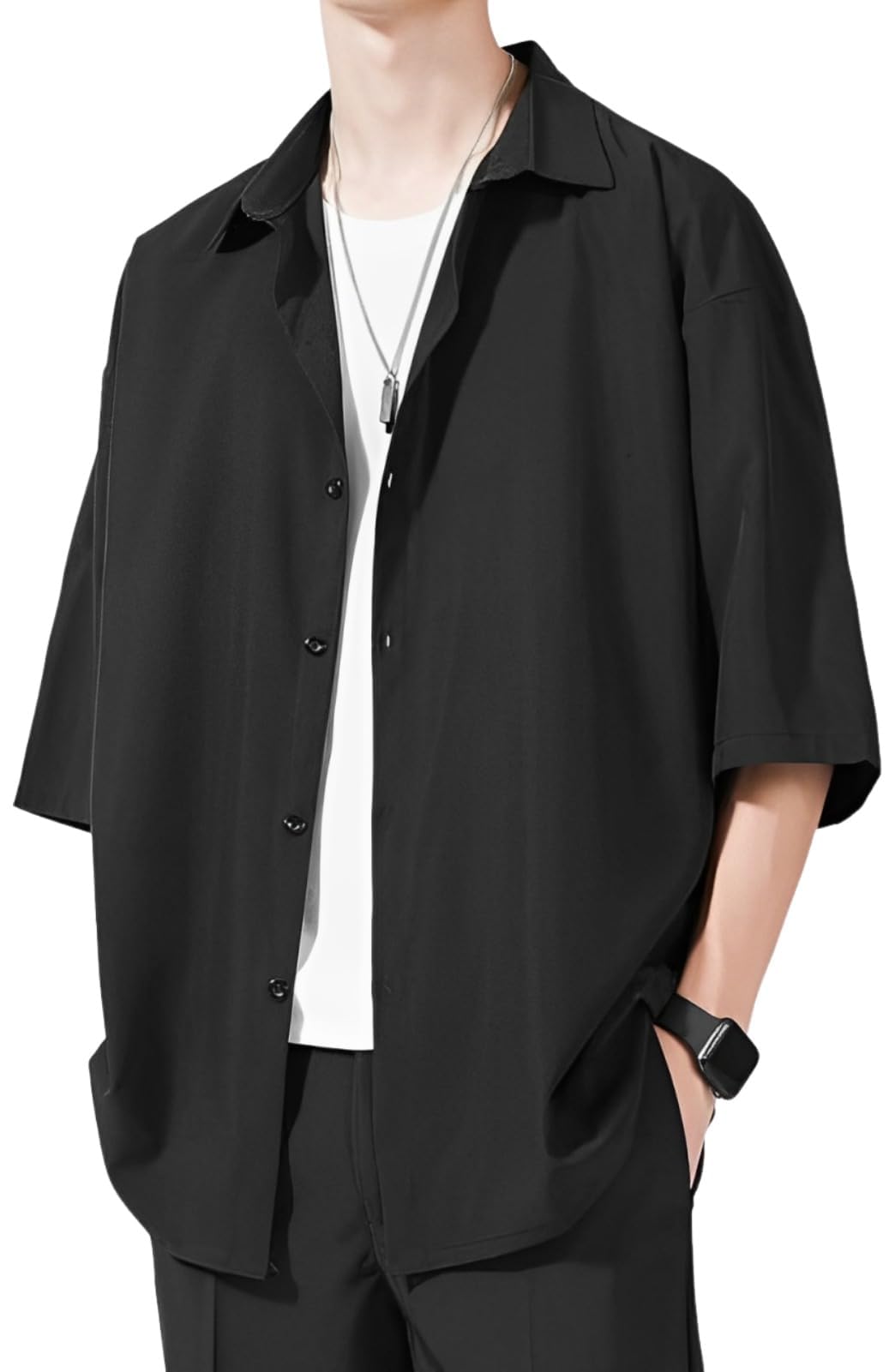 【送料無料】[aspersio] [アスペルシオ] 5分袖 オシャレ カジュアルシャツ 半袖無地 モード系 ベーシック 大人 トップス メンズ 色：ビギナーブラック、サイズ：L