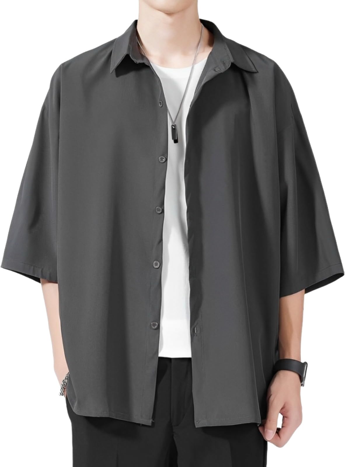 【送料無料】[aspersio] [アスペルシオ] 5分袖 オシャレ カジュアルシャツ 半袖無地 モード系 ベーシック 大人 トップス メンズ 色：ミストグレー、サイズ：L