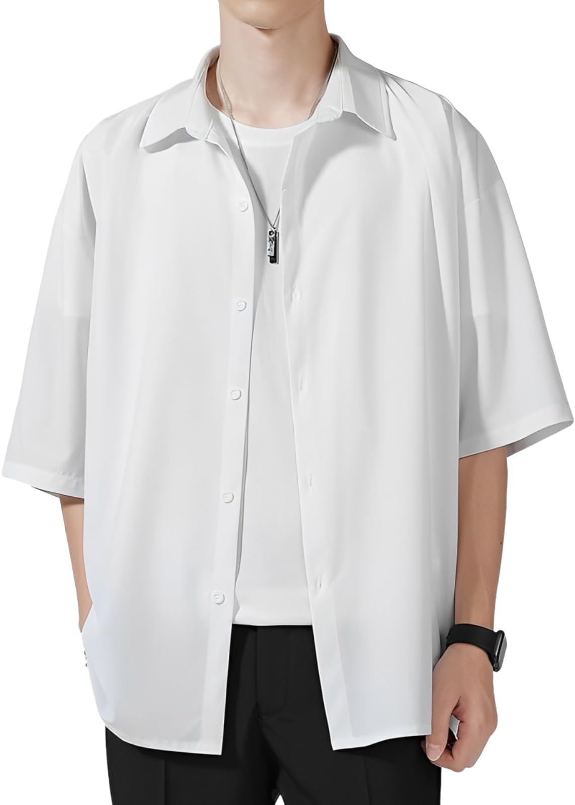 【送料無料】[aspersio] [アスペルシオ] 5分袖 オシャレ カジュアルシャツ 半袖無地 モード系 ベーシック 大人 トップス メンズ 色：リリーホワイト、サイズ：XL