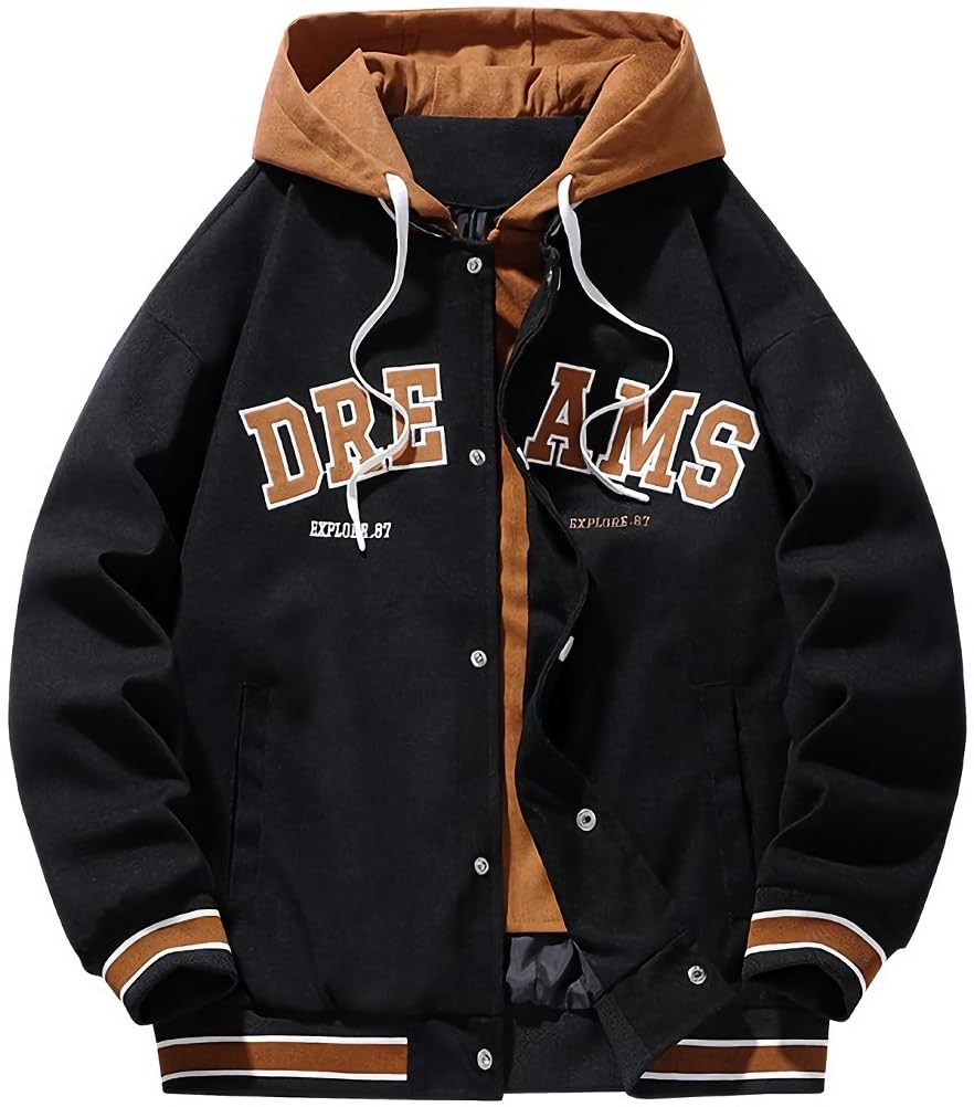 【送料無料】[aspersio] [アスペルシオ] フード付き ジャンパー ストリート系 ながそで 野球服 重ね着風 おしゃれアウター メンズ 色：アイボリーブラック、サイズ：2XL