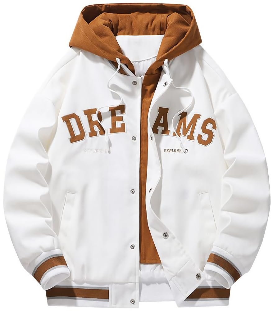 【送料無料】[aspersio] [アスペルシオ] フード付き ジャンパー ストリート系 ながそで 野球服 重ね着風 おしゃれアウター メンズ 色：ミストホワイト、サイズ：2XL