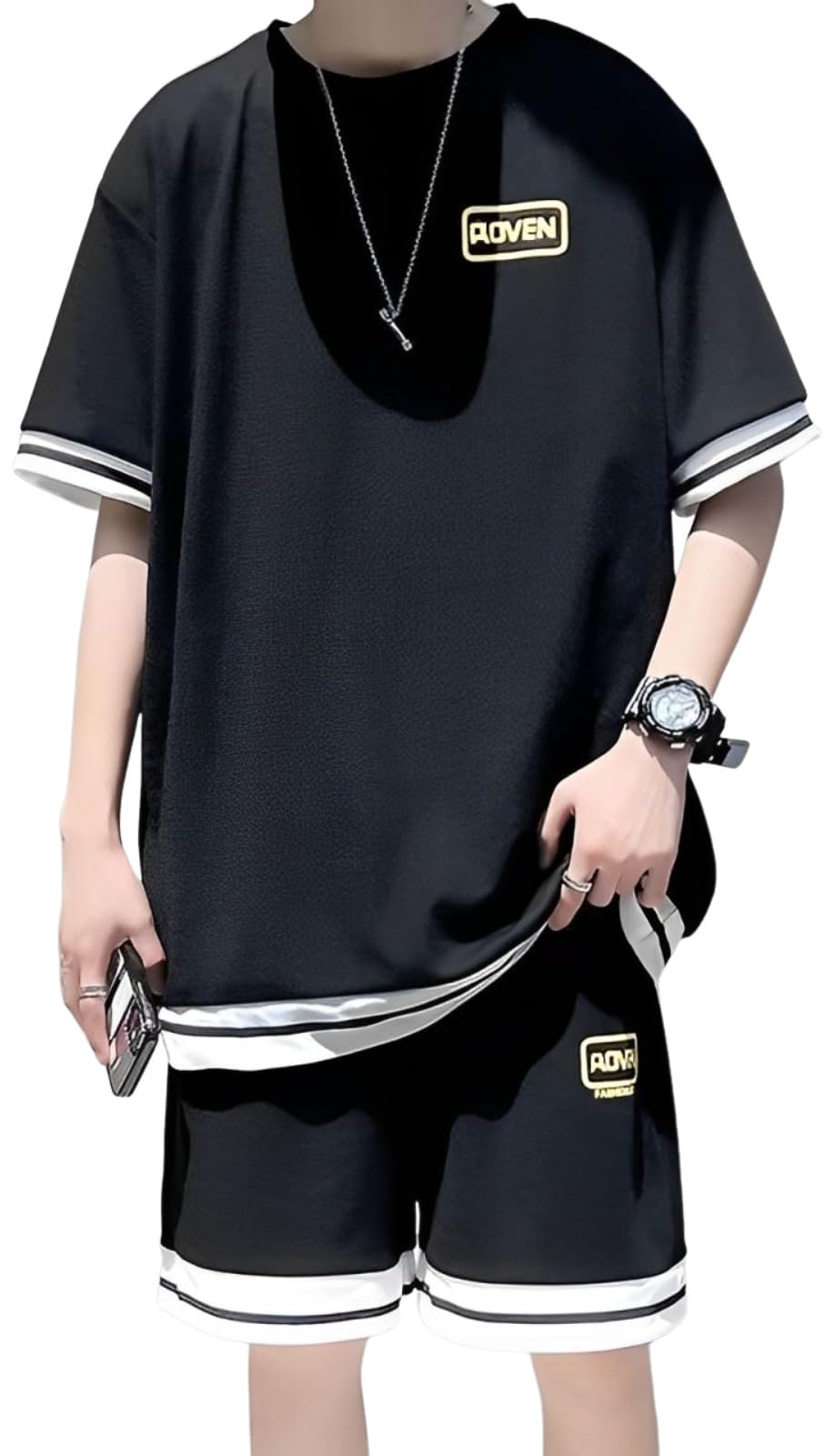 【送料無料】[aspersio] [アスペルシオ] ストリート系 上下 セットアップ 半袖 tシャツ 半ズボン 快適 カジュアルウェア メンズ 色：ロータスブラック、サイズ：XL