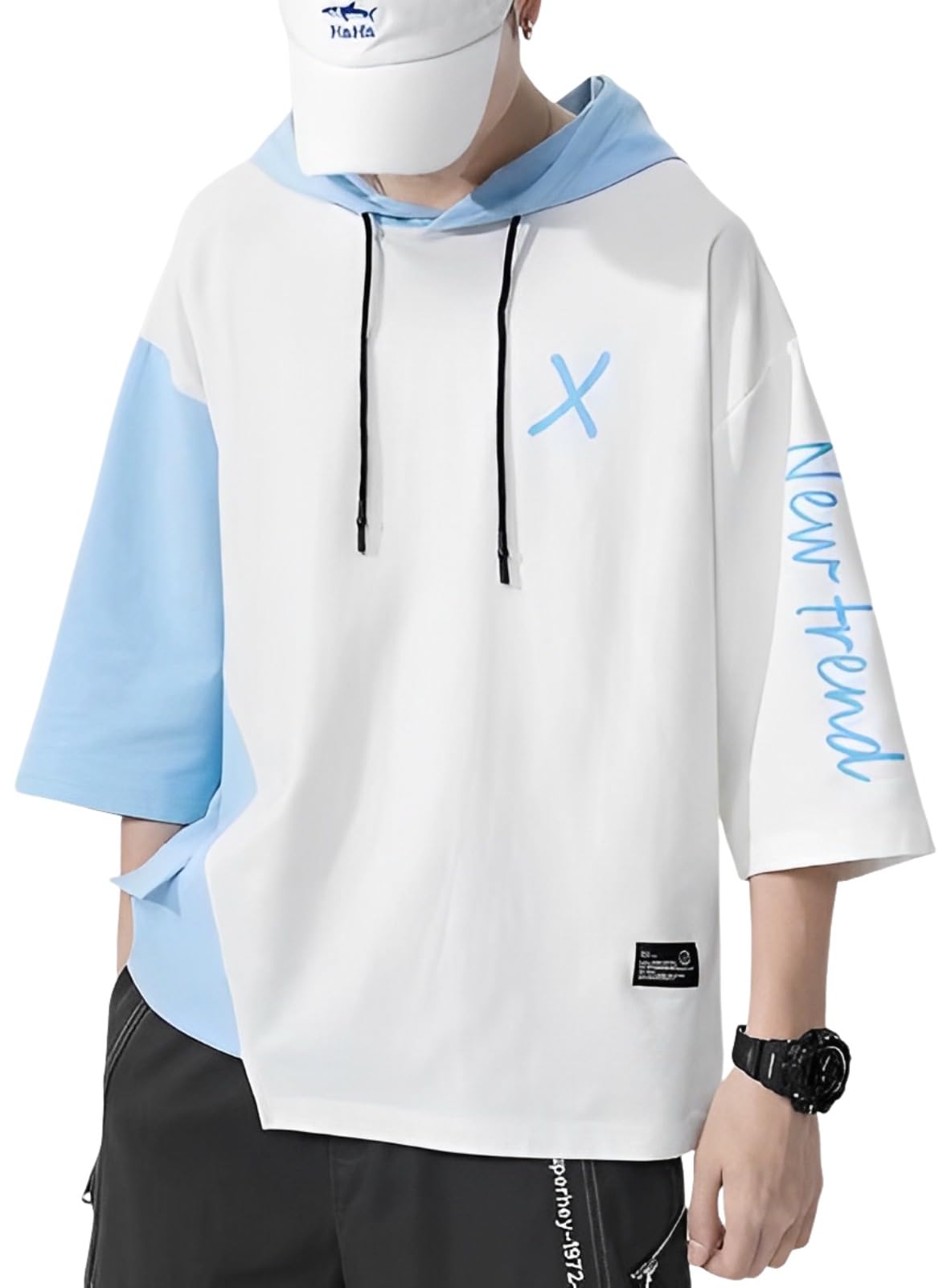 【送料無料】[aspersio] [アスペルシオ] オシャレ パーカー 英語柄 切り替え シルエット 七分袖 スケーター ファッション メンズ 色：ホワイトブルー、サイズ：L