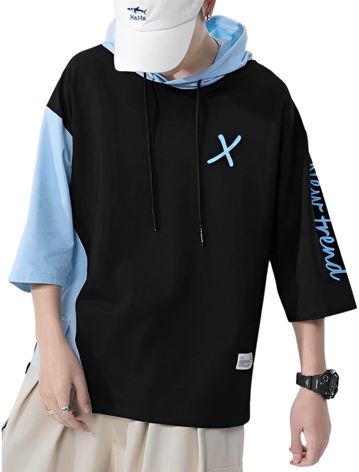 【送料無料】[aspersio] [アスペルシオ] オシャレ パーカー 英語柄 切り替え シルエット 七分袖 スケーター ファッション メンズ 色：ブラックブルー、サイズ：XL