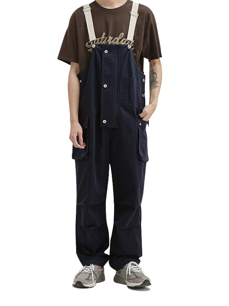 【送料無料】[Maioule] オーバーオール ソリッドカラー マルチポケットサロペットパンツ ゆったりロン..