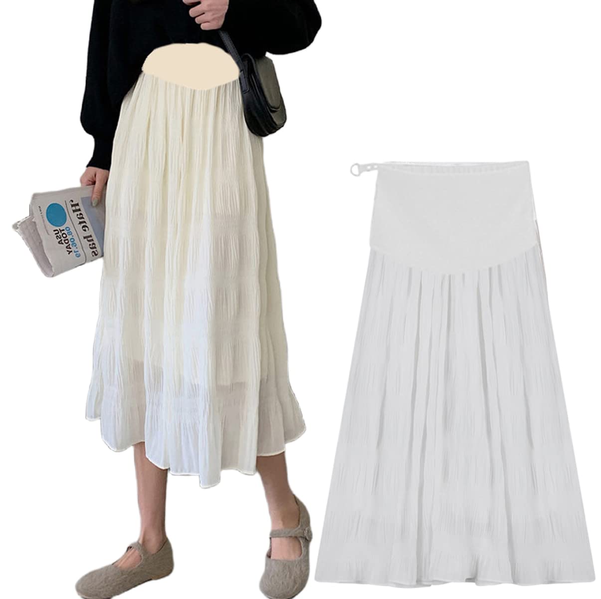 【送料無料】[KARZUKI] マタニティ スカートロング可愛い 夏 アジャスター調整 サラサラ 薄手 シフォン 動きやすい ゆったり オフィス 産前 産後 ハイウエスト 通勤 妊娠外出服 ボトムス 色：白（無地）、サイズ：2XL