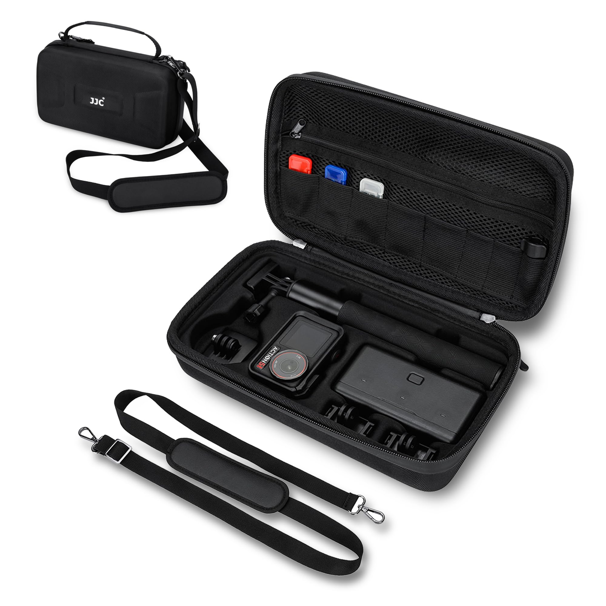【送料無料】JJC DJI Osmo Action 5 Pro アドベンチャーコンボ/Action4/3 防水ハードケース 大容量カメラバッグ 耐衝撃 撥水 ストラップ付き 2way 小物収納可 Micro SDカードケース *3枚 ショルダーバッグ ハンドバッグ キャリーケース アクセサリー 保護ケース キャリー